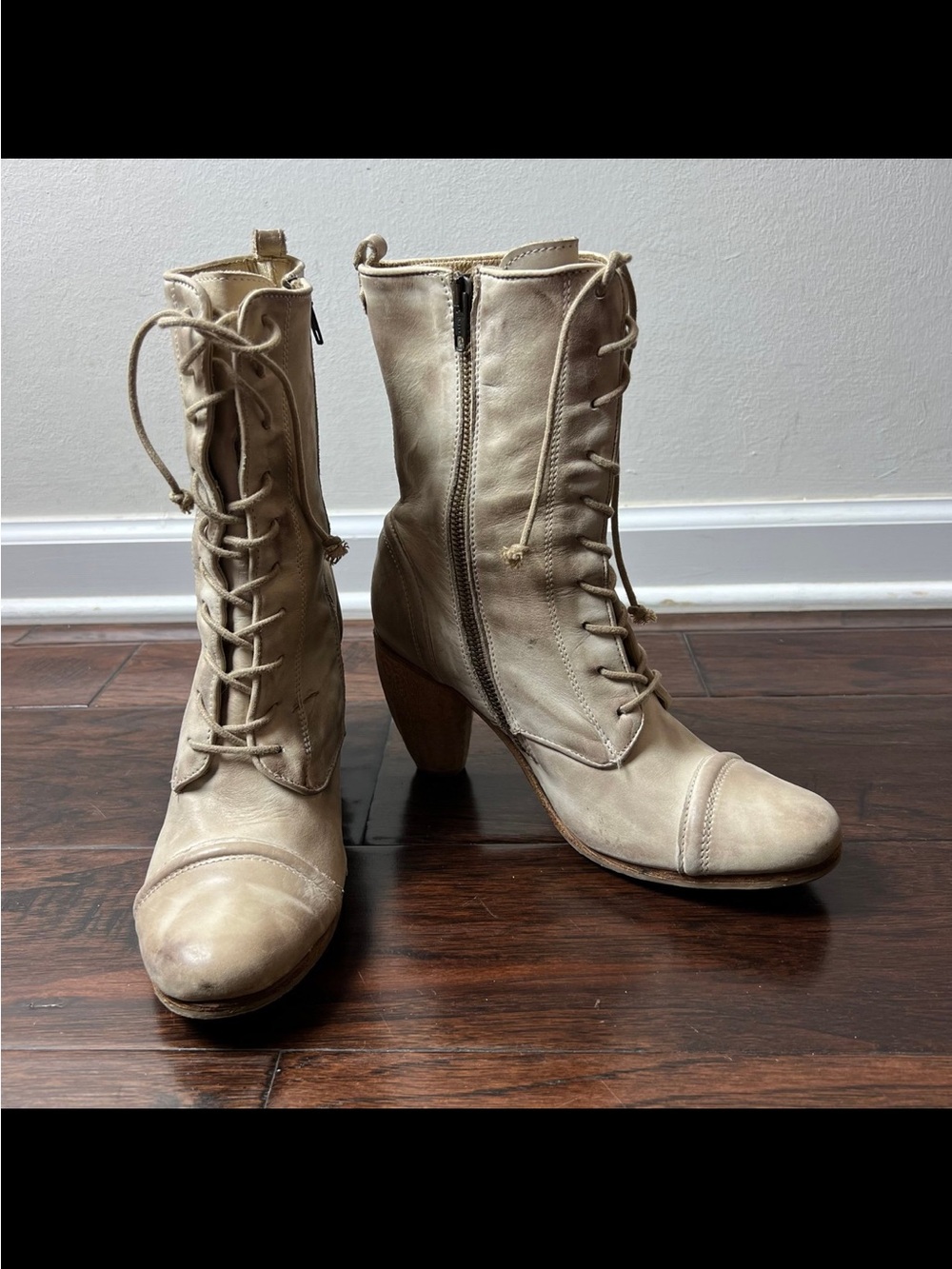 All Saints Lace-Up Leather Ankle Boots in Light Taupe